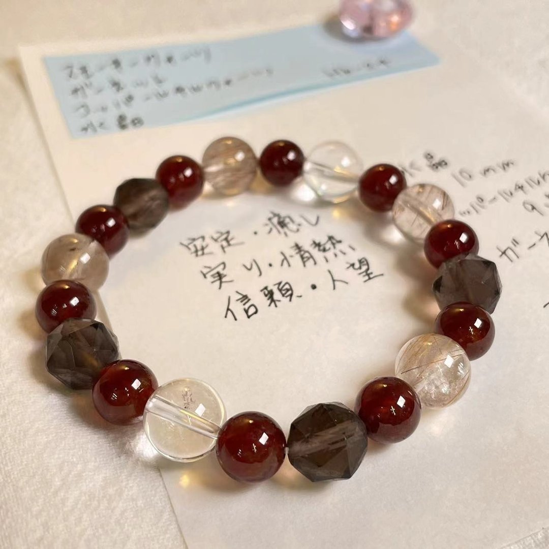 茶晶 红玛瑙 黑金超 天然能量 手作礼物 日本制 水晶手链 - 手链/手环 - 水晶 咖啡色