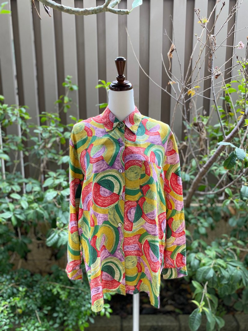 多色块纯真丝长袖中性古着衬衫 - 女装衬衫 - 丝．绢 红色