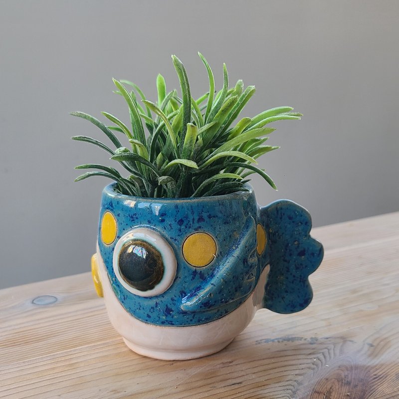 独特的蓝色河豚陶艺花盆 - 花瓶/陶器 - 陶 蓝色