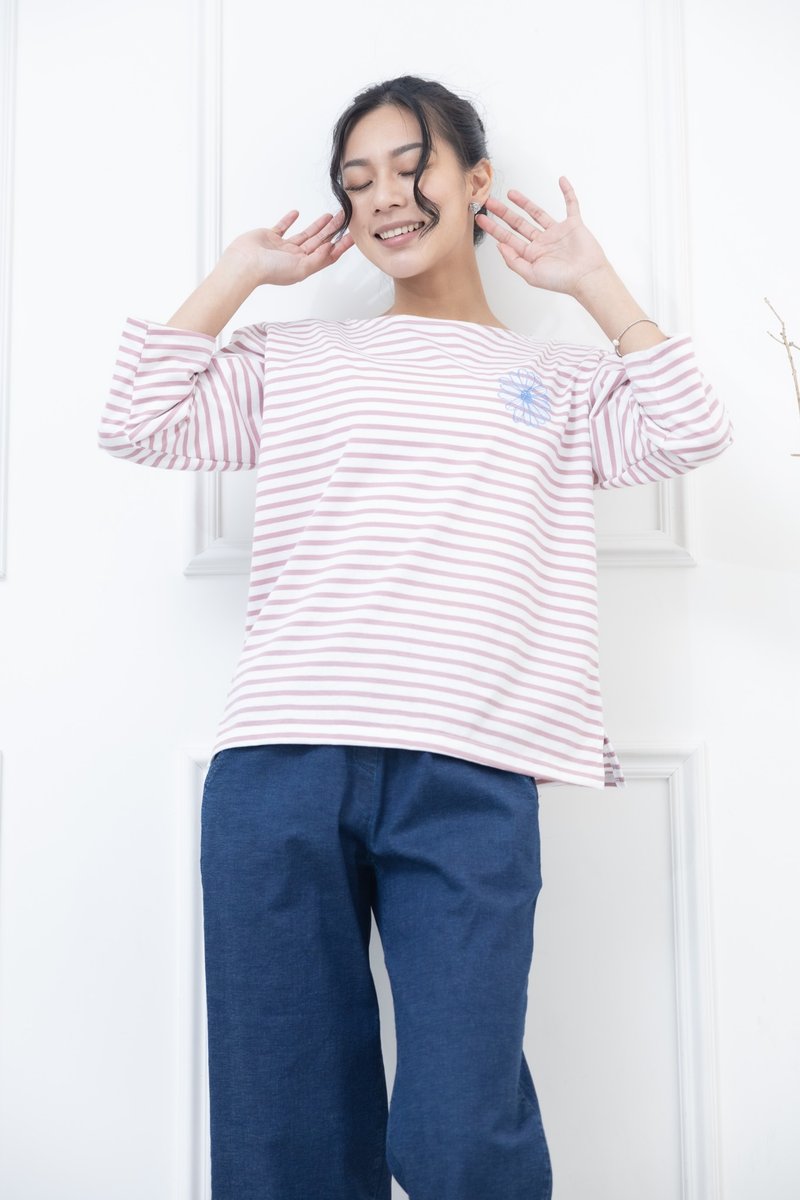 粉红色条纹电绣蓝菊花上衣 白底 - 女装上衣 - 其他材质 白色