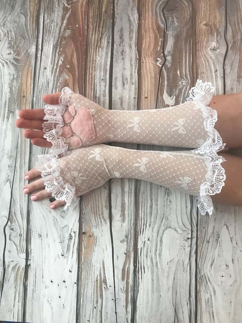 White Paws Kitten Lace Mittens - 手套 - 塑料 白色
