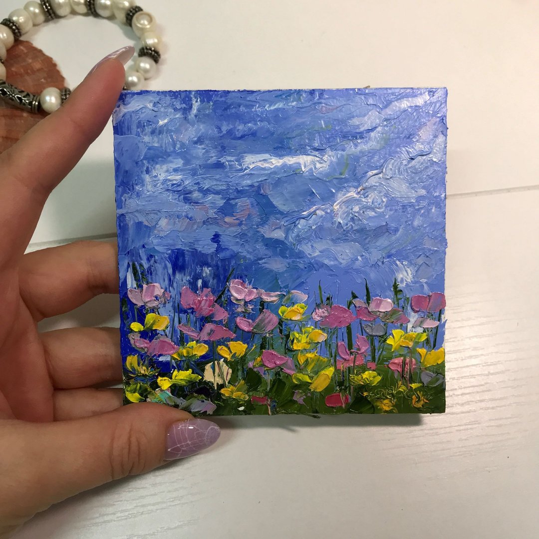 Meadow Painting Original Art flowers Wall Art Wildflowers Poppy Daisy Lupinus - 墙贴/壁贴 - 纸 紫色