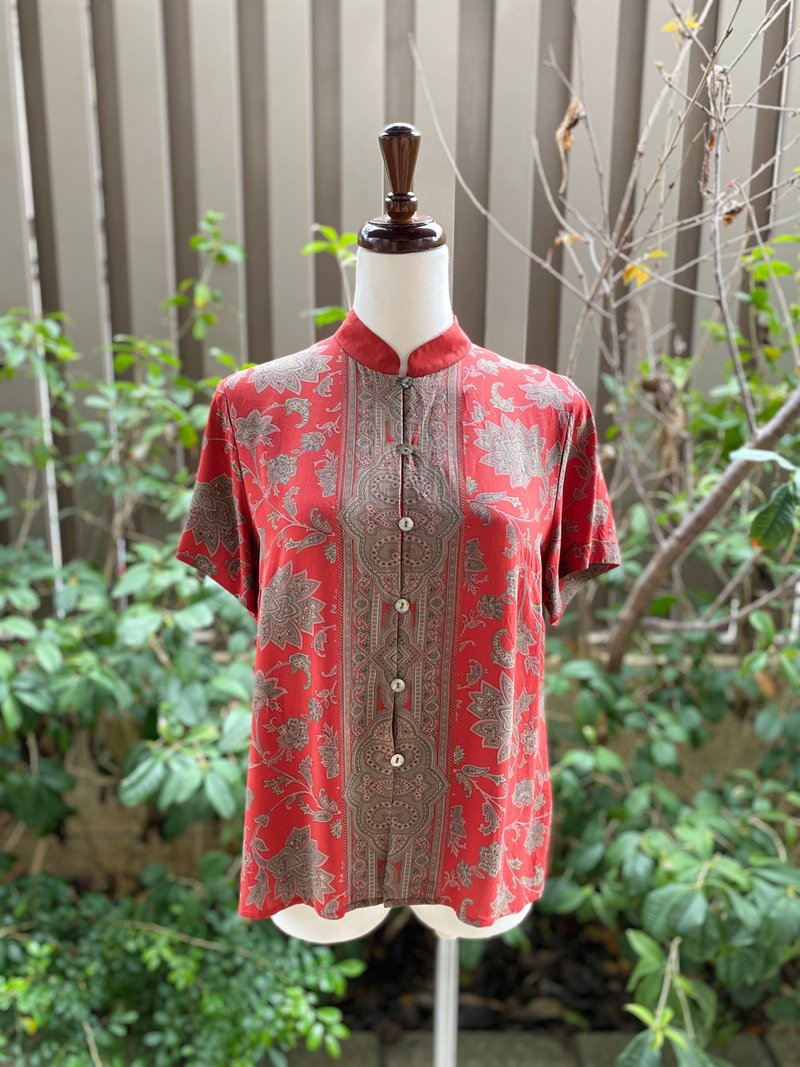 旗袍领变形虫纯真丝短袖古着上衣 - 女装上衣 - 丝．绢 红色