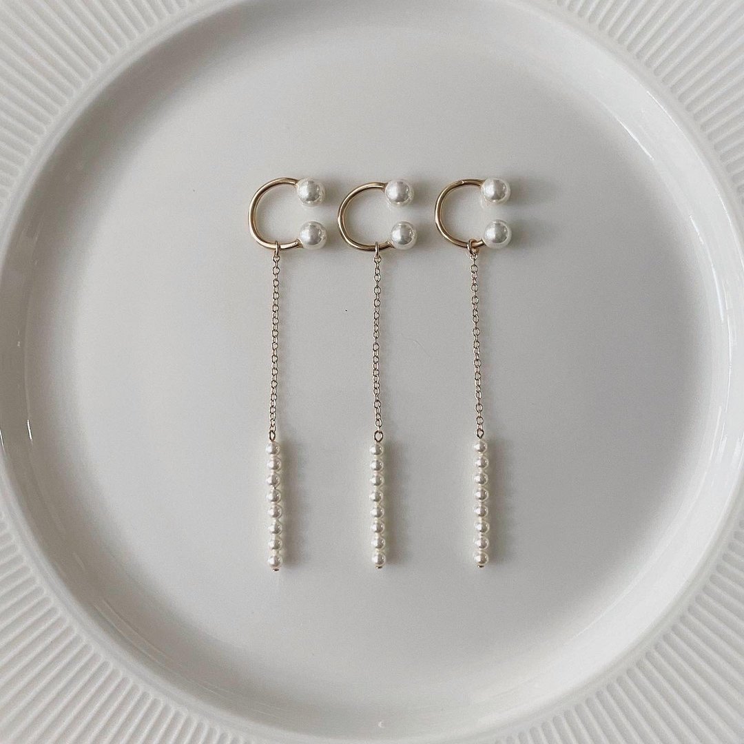 dangling pearl ear cuff - 耳环/耳夹 - 其他金属 白色