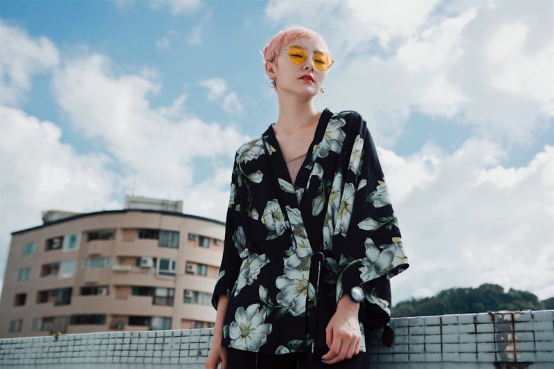 福.印花宽袖短版浴衣 - 背带裤/连体裤 - 聚酯纤维 