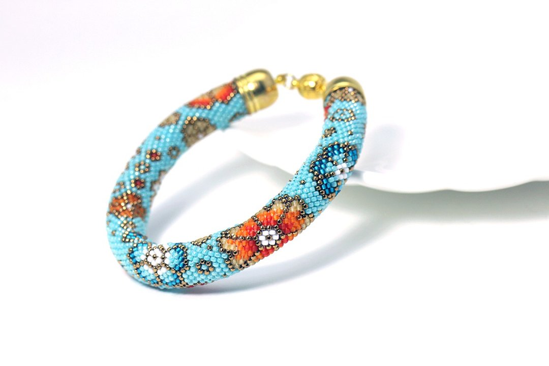 Seed Bead Bracelet Statement Bracelet Glass Bracelet With Flowers Gift For Women - 手链/手环 - 琉璃 多色