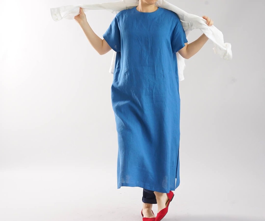 wafu   linen dress / loose fitting / oversized / Cobalt blue a041e-usa1 - 洋装/连衣裙 - 棉 蓝色