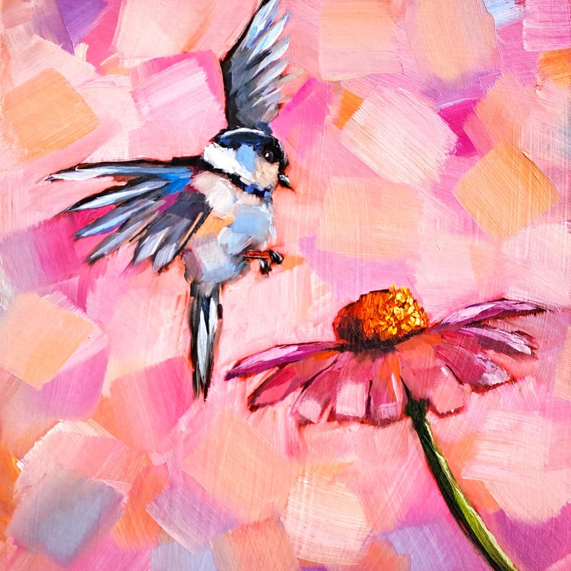 Chickadee Painting Titmouse Bird Original Art Animal Oil Painting Bird Wall Art - 海报/装饰画/版画 - 其他材质 多色
