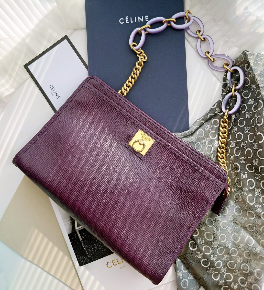中古美品 CELINE 圆环链条包单肩腋下包手拿包手提包公文包公文包 - 手提包/手提袋 - 真皮 紫色
