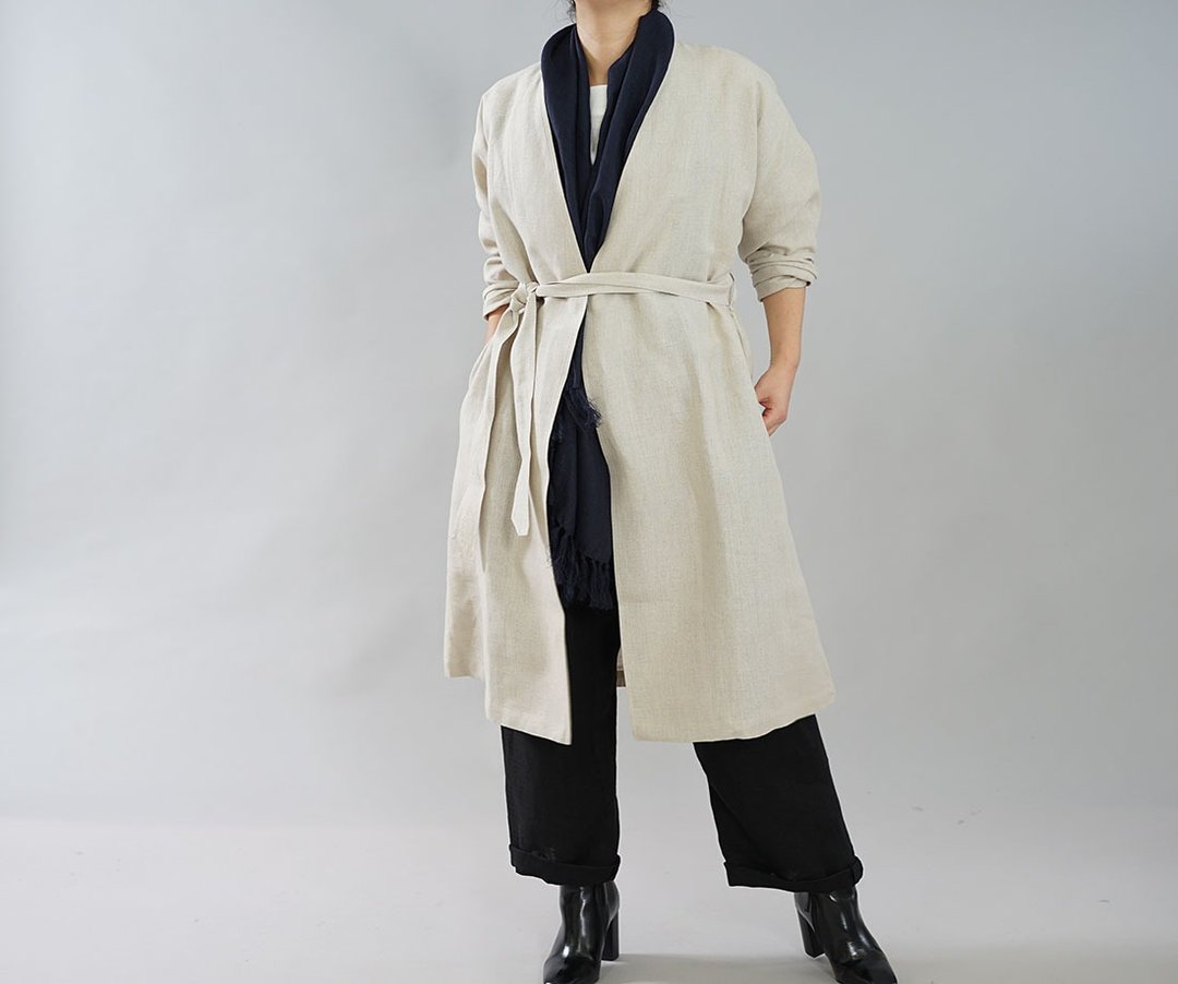 wafu Linen coat / long sleeve / gown coat / long length / beige  h022a-amn2 - 女装休闲/机能外套 - 棉 卡其色