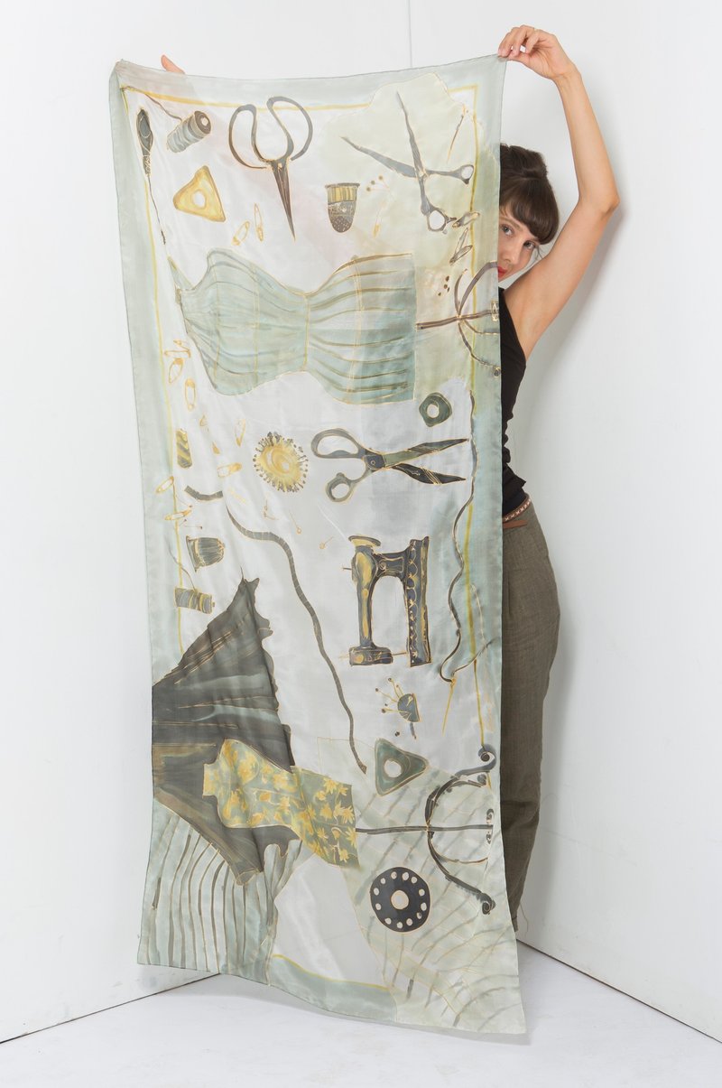 Hand Painted Silk Scarf-Dressmakers Atelier. - 丝巾 - 丝．绢 银色