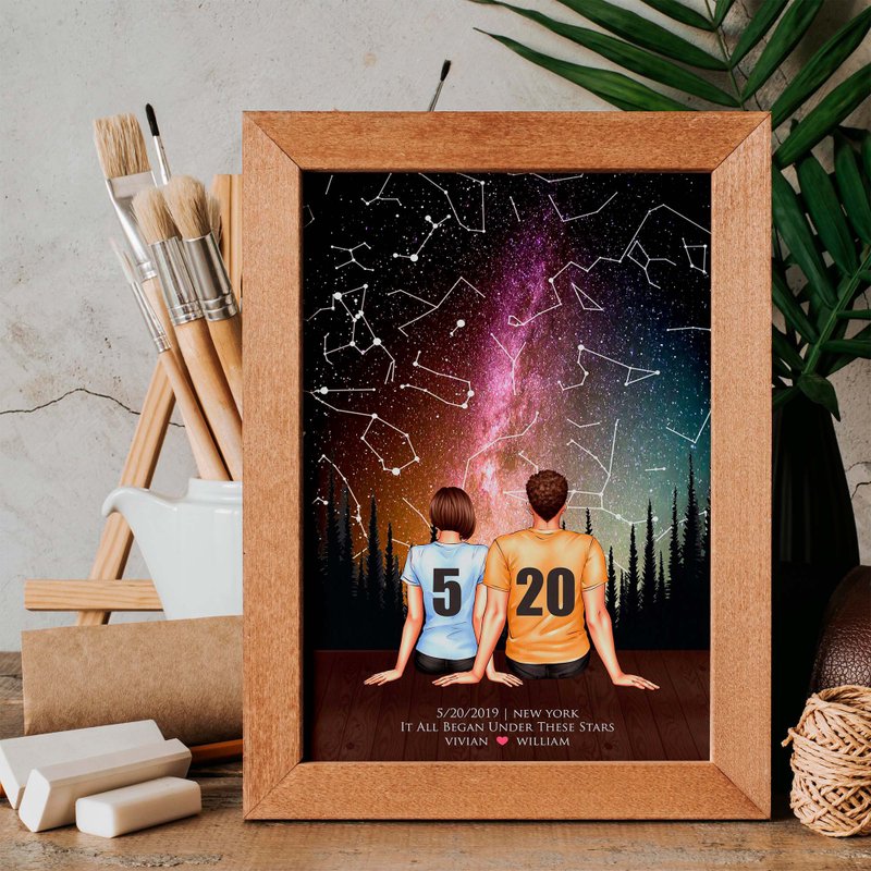 【可爱风似颜绘】交往纪念日当天的真实星空夜晚 A6木框 周年礼物 - 订制画像 - 木头 绿色