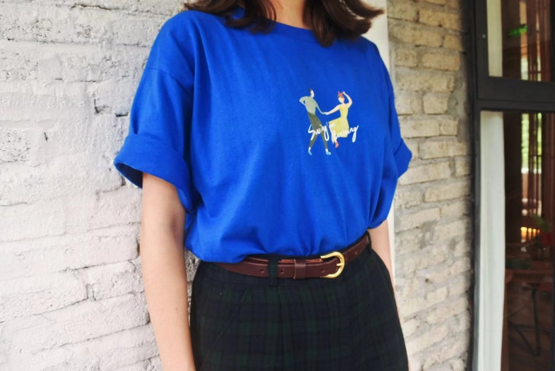 Birdddland原創手繪SwingDance 復古重磅Tshirt 克萊因藍色 - 中性连帽卫衣/T 恤 - 棉 蓝色