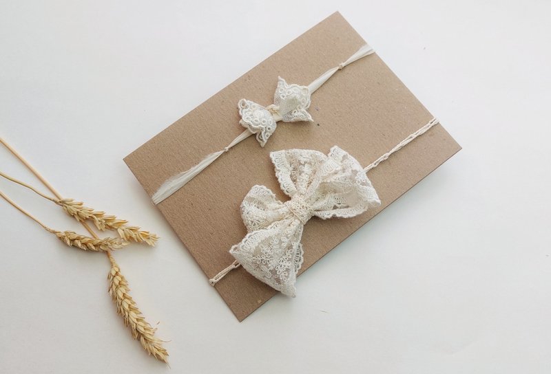 2 件组象牙色婴儿头带、新生儿头带蝴蝶结、波西米亚风头带、新生儿照片 - 婴儿帽/发带 - 棉．麻 白色