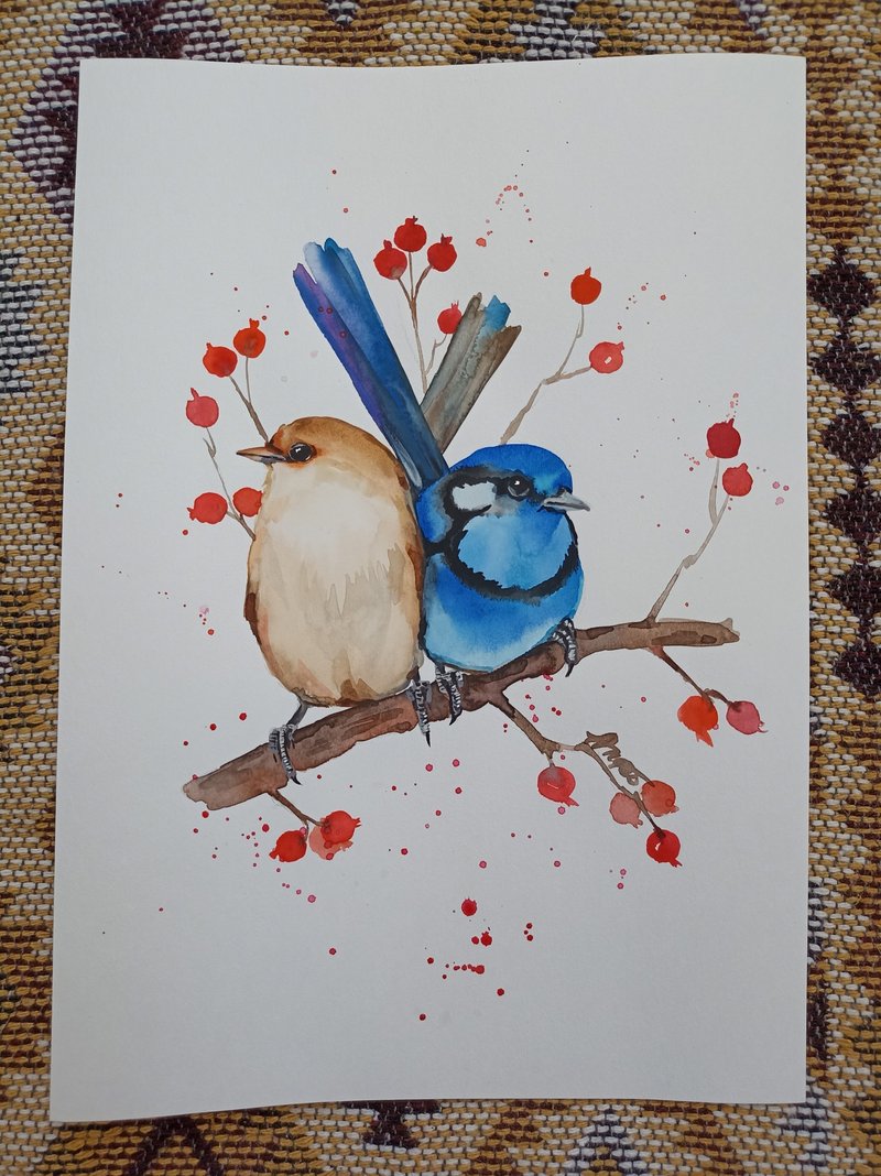 Watercolor original art 2 blue bird room decor painting by Anne Gorywine - 墙贴/壁贴 - 纸 蓝色