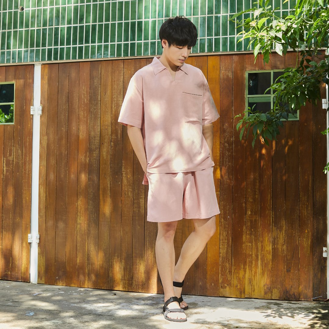 in.house casual ware V领短袖短裤亚麻套装 - 居家服/睡衣 - 亚麻 粉红色