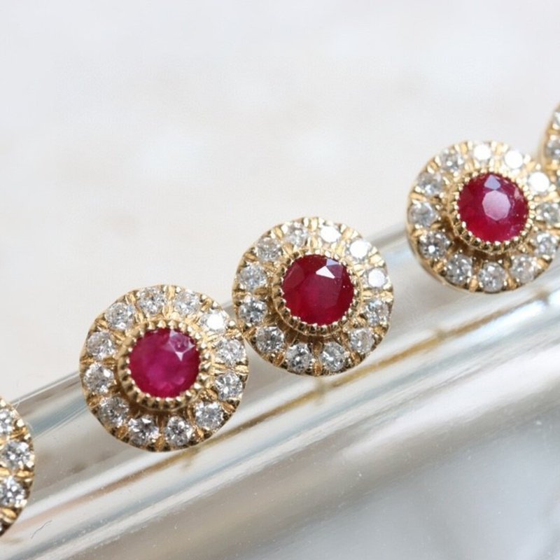【WhiteKuo】18K金天然20分红宝石钻石耳钉/耳针 - 耳环/耳夹 - 宝石 红色