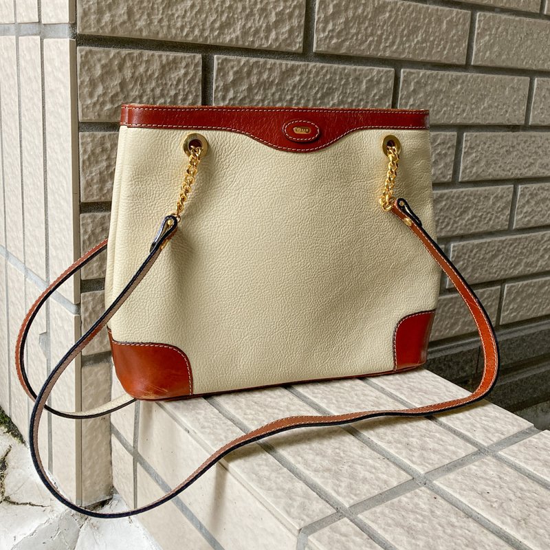 BALLY 米白厚实拼接棕色皮革边角 金属背带 瑞士品牌 古董包 复古 - 侧背包/斜挎包 - 其他材质 白色