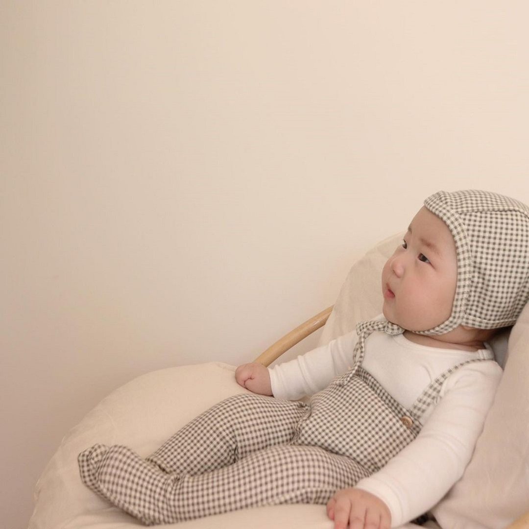 韩国秋季棉质格子初生吊带裤连帽子套装Check check Newborn Set - 满月礼盒 - 棉 