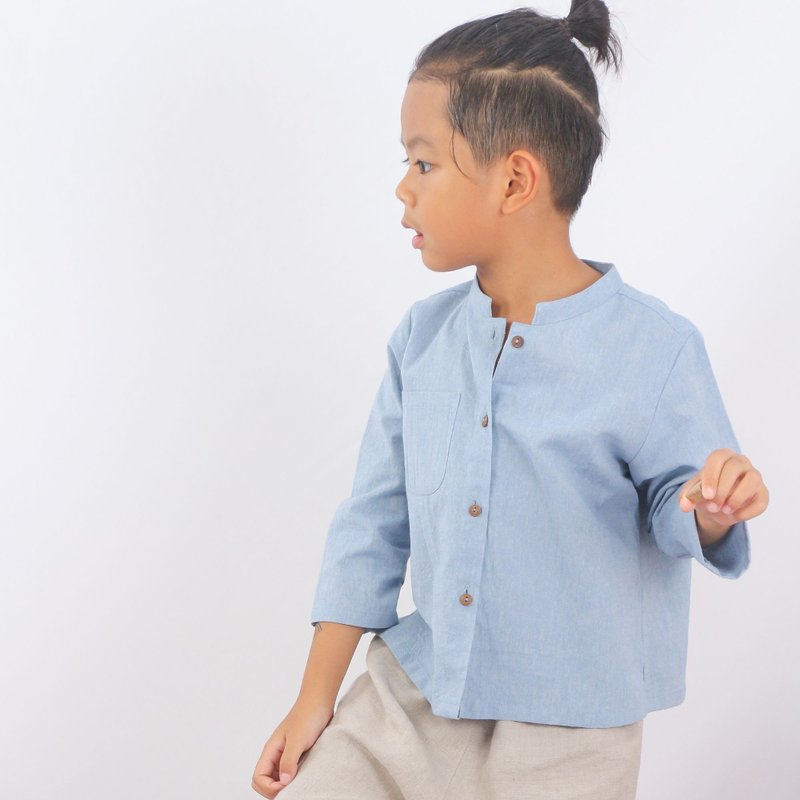 Kids Cotton Top, Mandarin Collar Shirt, Long Sleeve, Blue, Jackie - 童装上衣 - 棉 蓝色