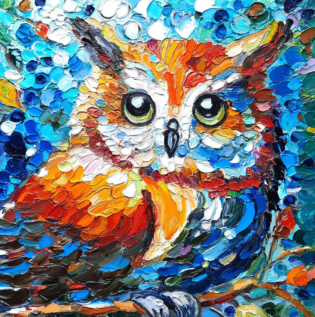猫头鹰艺术雀彩色原创艺术油画纸板油画 20 x 20sm - 墙贴/壁贴 - 其他材质 多色