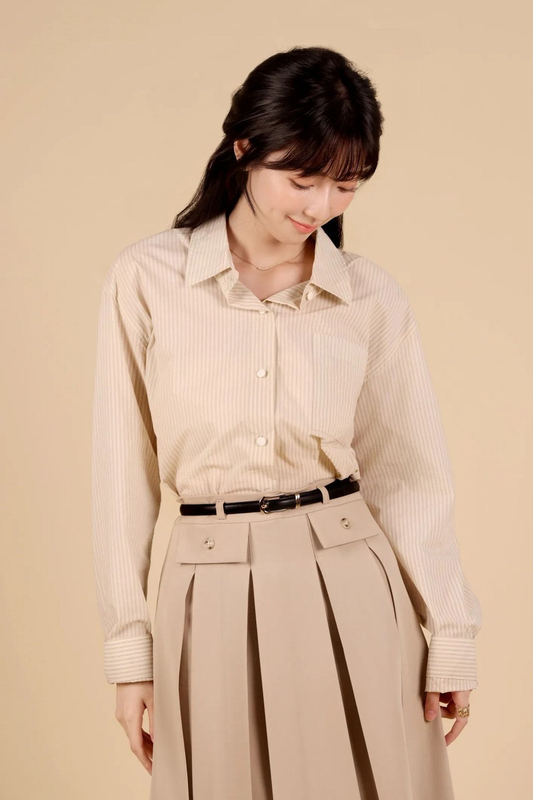 知性俪人 纯棉竖条纹衬衫—气质杏 - 女装衬衫 - 棉．麻 卡其色
