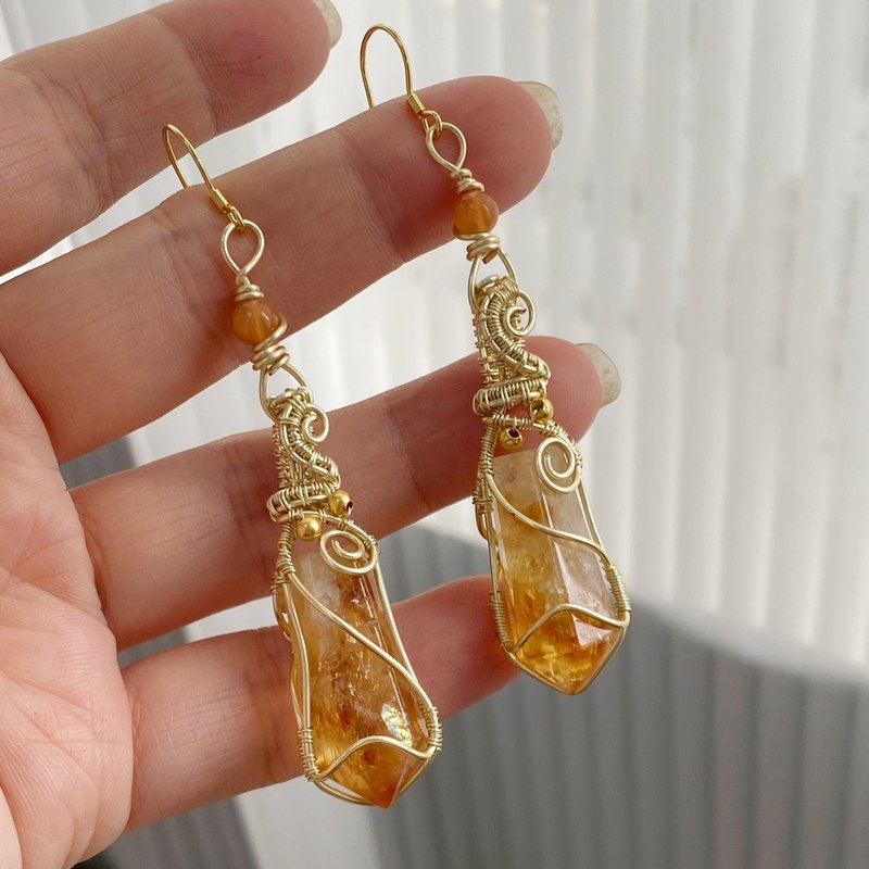 【黄水晶原石】手作编织耳环 / 天然水晶耳饰 - 耳环/耳夹 - 水晶 黄色