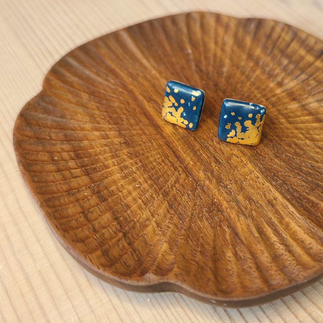 24K纯鎏金深海蓝色釉彩耳环 (正方形) - 耳环/耳夹 - 瓷 蓝色