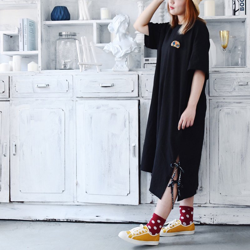 侧开叉绑带宽版洋装 黑色/展示品出清只有1件 - 洋装/连衣裙 - 棉．麻 黑色