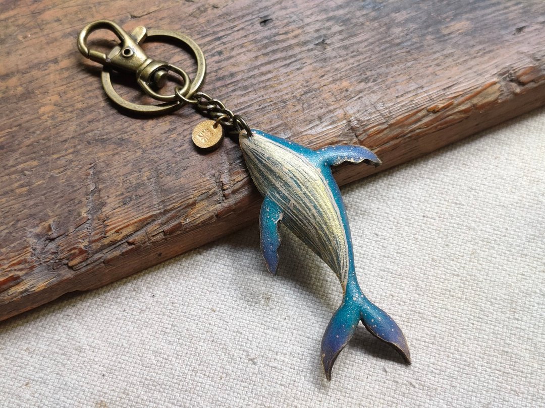 【鲸鱼、蓝鲸/单支】手染皮革/海洋生物/潜水/冲浪/钥匙圈/whale - 钥匙链/钥匙包 - 真皮 