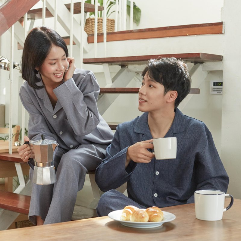 Linen Pajamas Long sleeve with pants - 居家服/睡衣 - 亚麻 蓝色