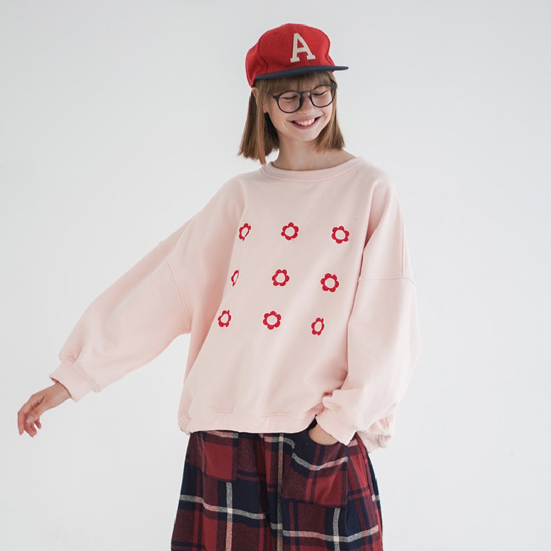 红绣花粉色厚T-shirt - imakokoni - 女装上衣 - 棉 粉红色