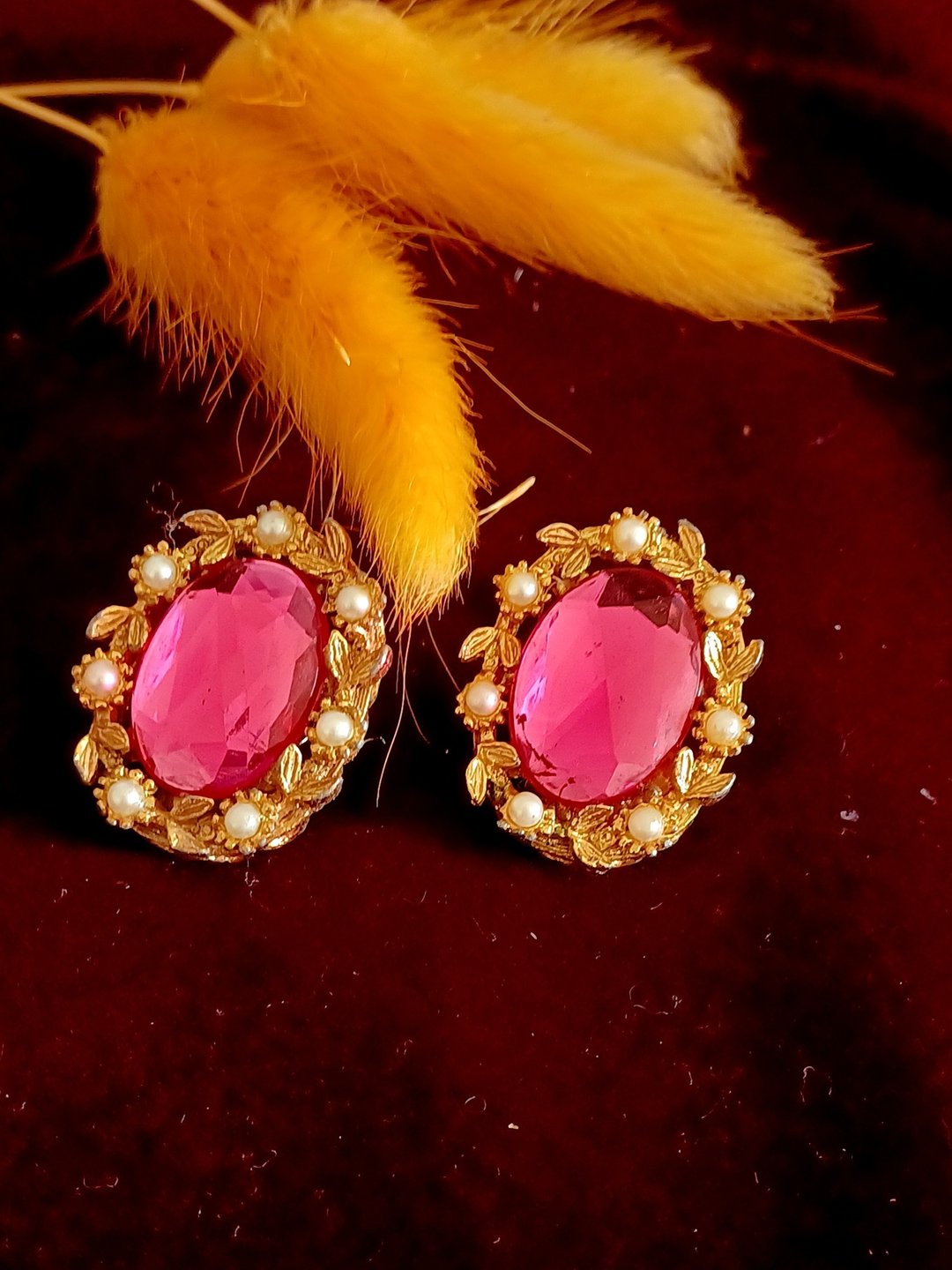 vintage jewelry  华丽粉红水钻 夹式耳环 - 耳环/耳夹 - 其他金属 
