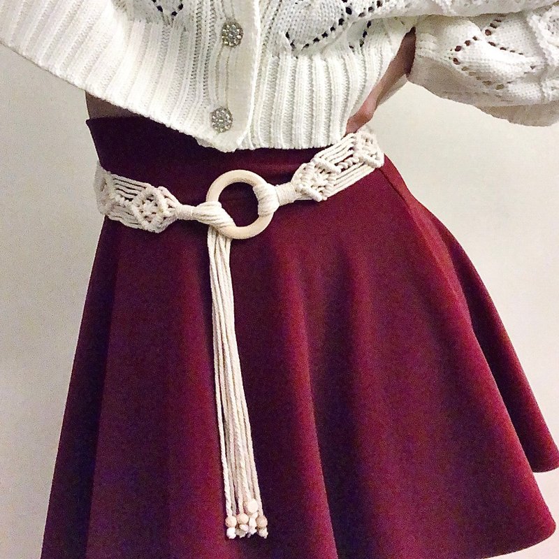 手工编织流苏腰带 麻花菱形图腾 木环佩饰 木珠流苏垂坠 波西米亚 - 皮带/腰带 - 棉．麻 白色