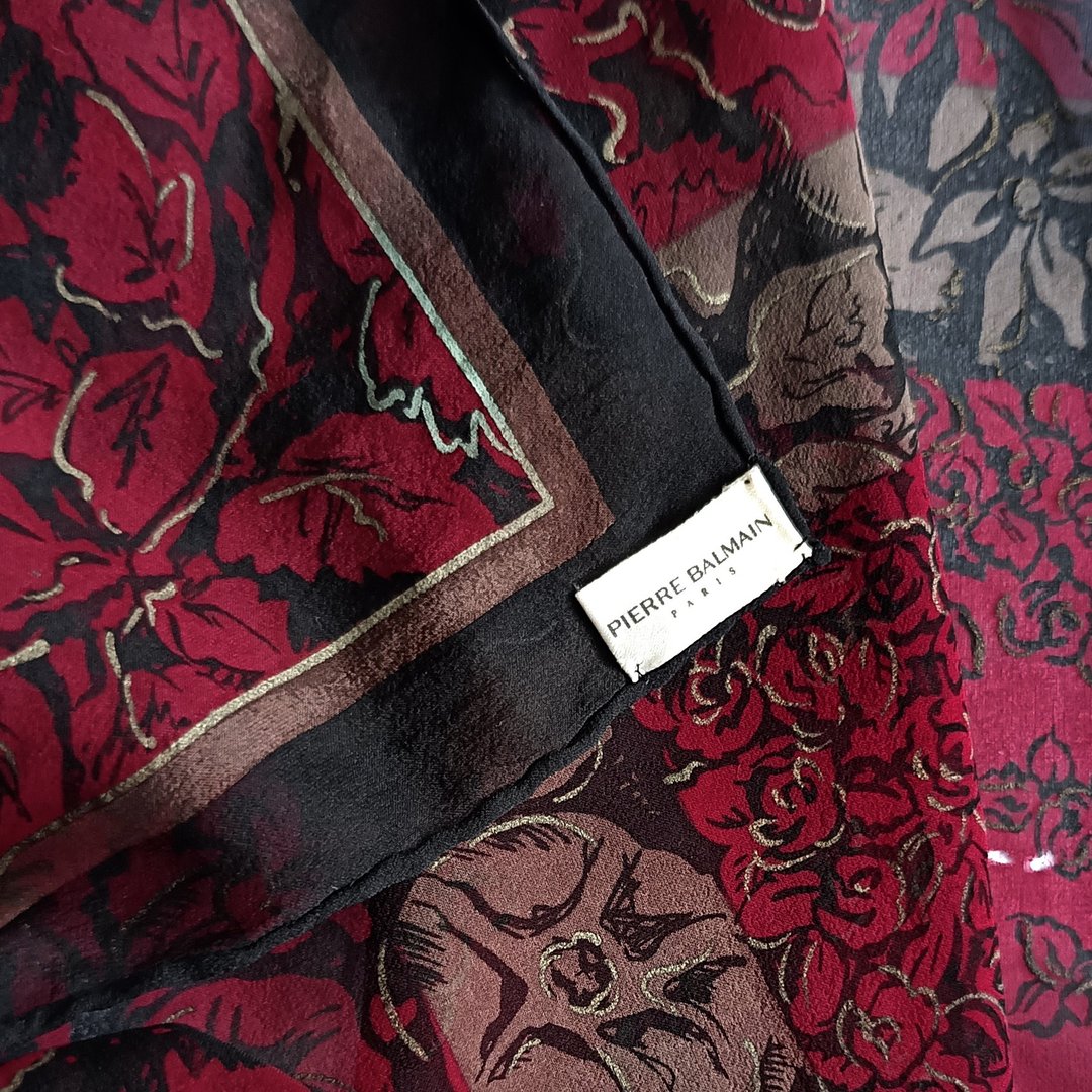 复古 Pierre Balmain 真丝雪纺丝巾，花卉图腾，法国设计师品牌 (41 英寸) - 丝巾 - 棉．麻 红色