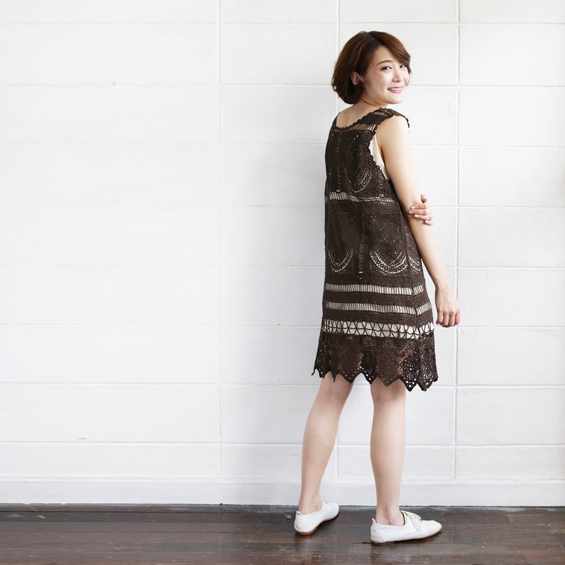 兰花蕾丝无袖连身裙小礼服洋装-天然植物染 - 女装上衣 - 棉．麻 