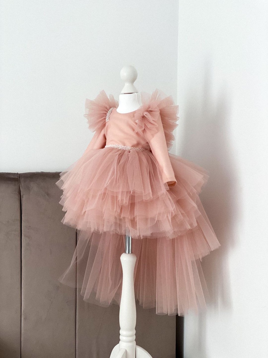 Beige dress for baby girl. First birthday dress with headband. Tutu dress. - 童装礼服/连衣裙 - 其他材质 