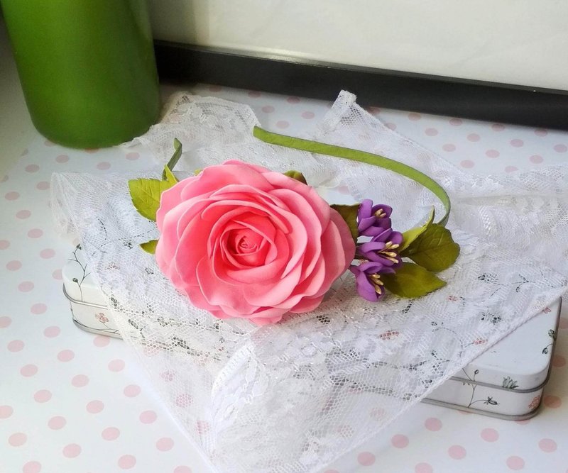 带有粉红色玫瑰的发箍 女孩发箍 手工花朵发箍 - 发带/发箍 - 防水材质 粉红色