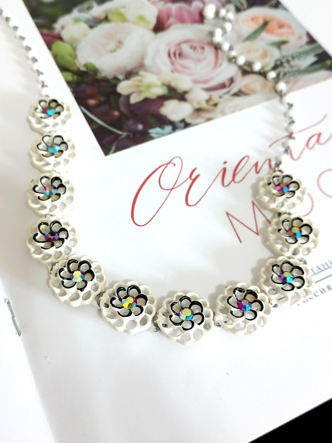 vintage jewelry 古典白珐琅极光莱茵花卉 项链 - 项链 - 其他金属 