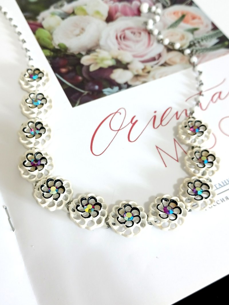 vintage jewelry 古典白珐琅极光莱茵花卉 项链 - 项链 - 其他金属 