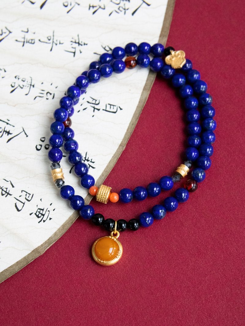 青金石5mm手串 老蜜蜡佛牌 五条经文 平安 顺利 人缘 财运 健康 - 手链/手环 - 半宝石 