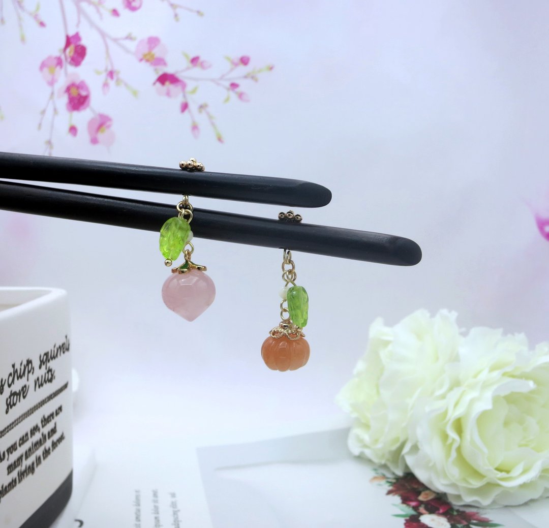 金丝玉南瓜与粉晶桃子黑檀木发簪 - 发饰 - 木头 