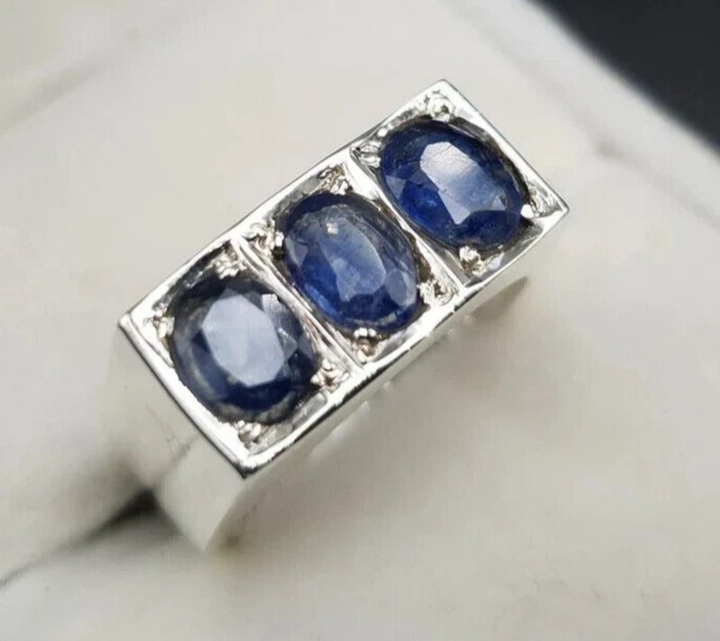 男士蓝宝石戒指 天然 3 颗蓝宝石戒指 男士 3 克拉以上蓝宝石戒指礼物 - 戒指 - 宝石 蓝色