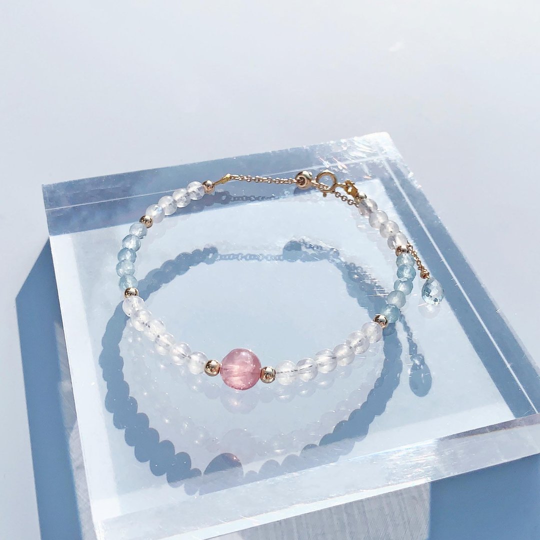 粉晶 月光石 切面海蓝宝 14k 包金 天然水晶手链 - 手链/手环 - 水晶 多色
