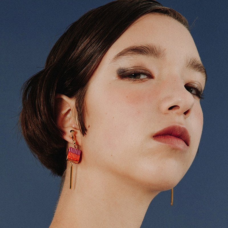 Mell手工折叠丝带方形长款耳环 橙紫  - 耳环/耳夹 - 其他材质 红色