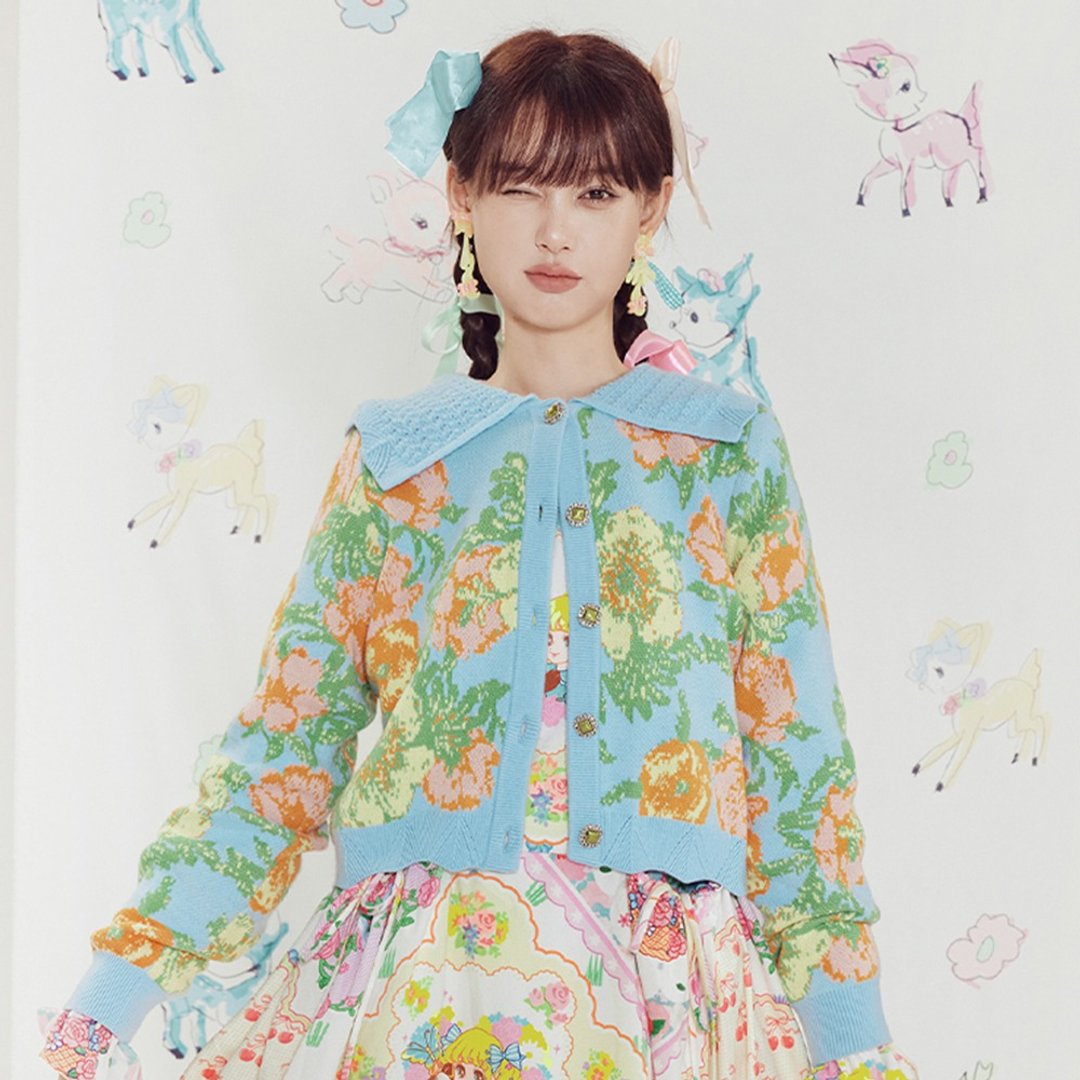 蓝色花朵 復古提花针织開襟衫 微寬鬆 - 女装针织衫/毛衣 - 其他材质 多色