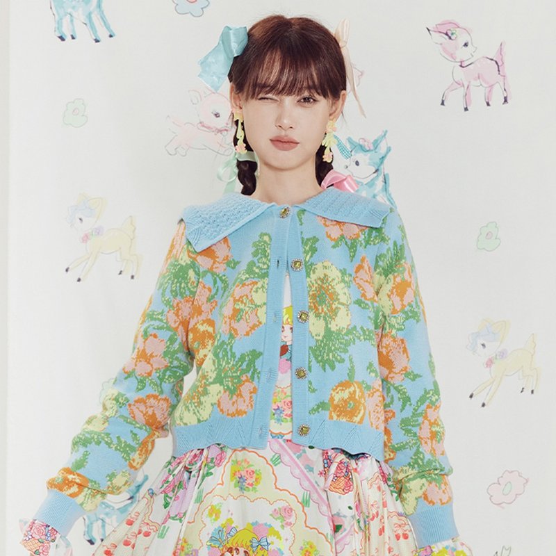 蓝色花朵 復古提花针织開襟衫 微寬鬆 - 女装针织衫/毛衣 - 其他材质 多色