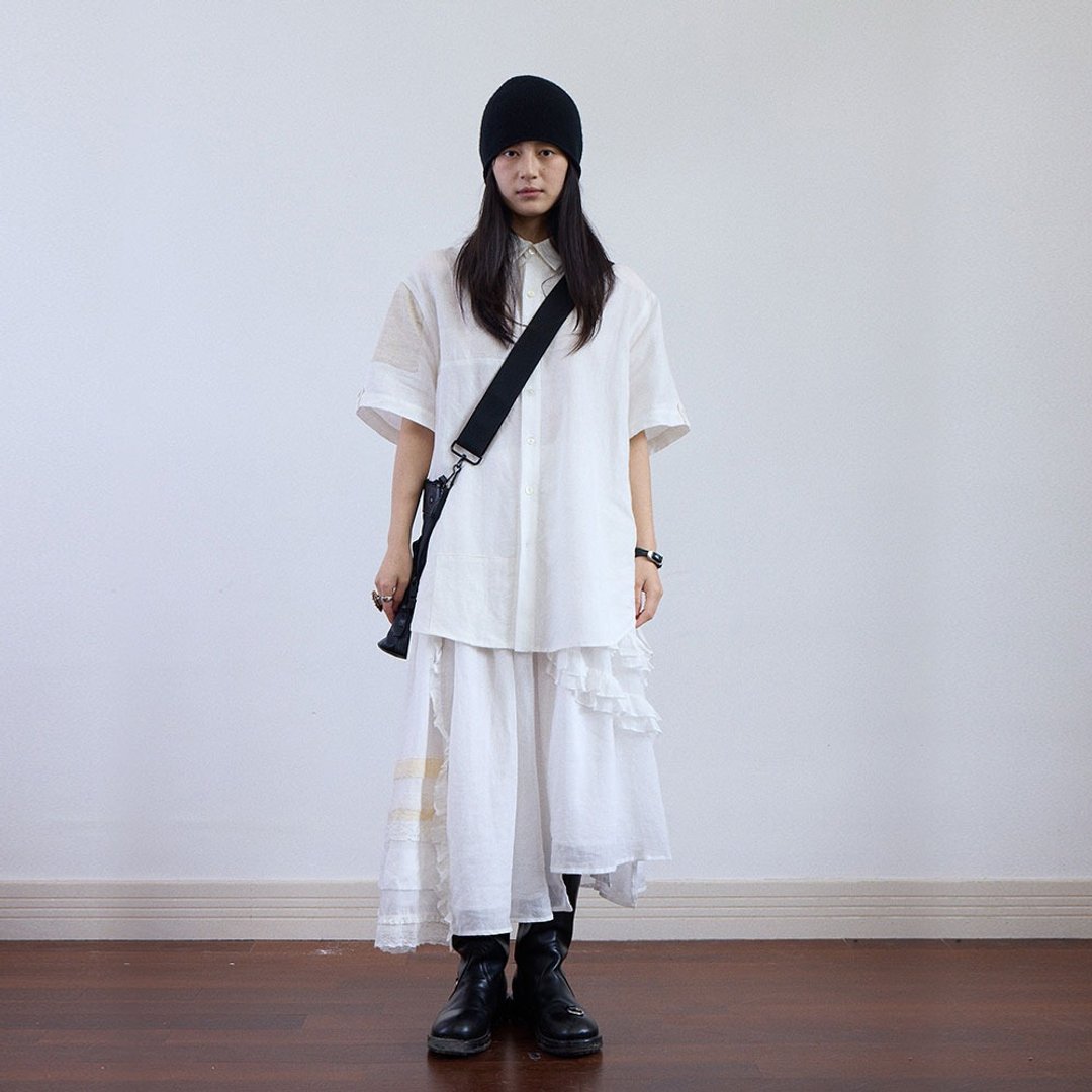 日系棉麻撞扣防曬襯衫 / 休閒寬鬆文藝感 / 復古氣質 - 女装衬衫 - 棉 白色