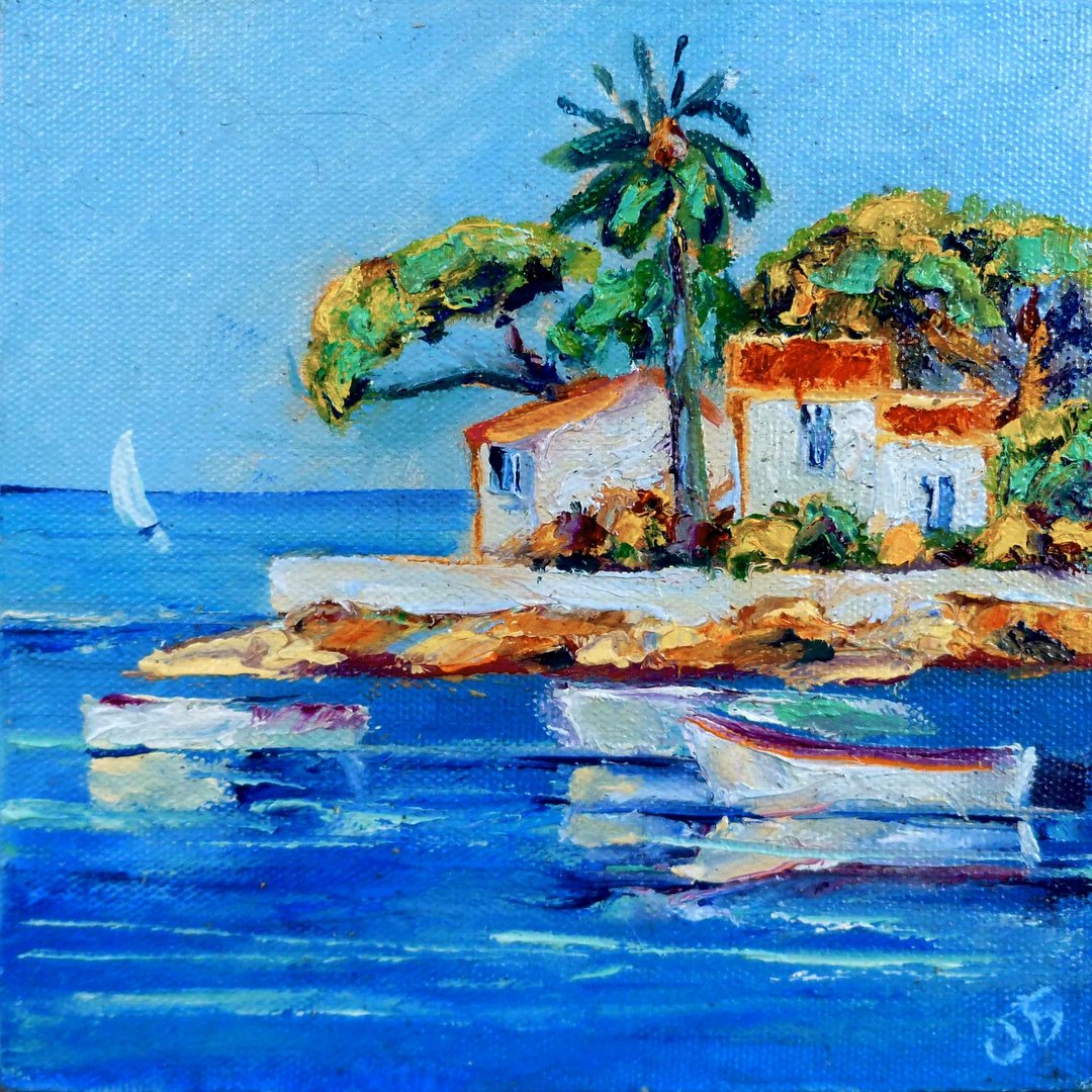 海景油画，原创艺术，船只绘画，海岸壁饰 - 墙贴/壁贴 - 棉 蓝色