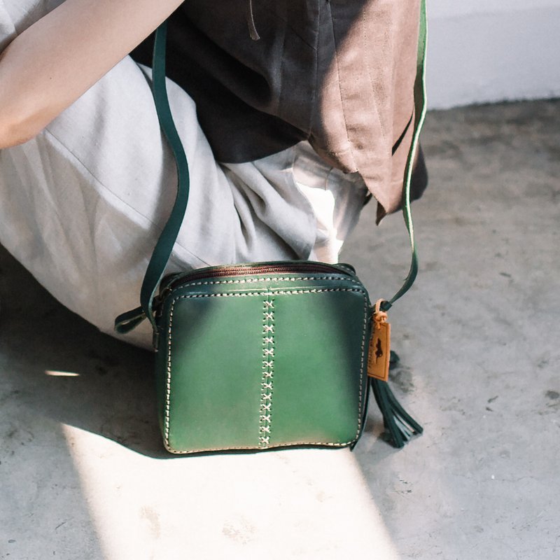 SQUARE SHAPE LEATHER CROSS BODY BAG-GREEN - 侧背包/斜挎包 - 真皮 绿色